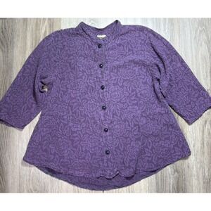 Uru 100% Silk Embossed Blouse Purple Button Down 3/4 Sleeve OS Boho Artsy Floral